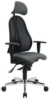 Ergonomischer Drehstuhl mit Netzrückenlehne und Kopfstütze, seitliche Perspektive