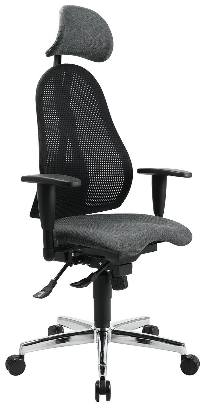 Ergonomischer Drehstuhl mit Netzrückenlehne und Kopfstütze, seitliche Perspektive