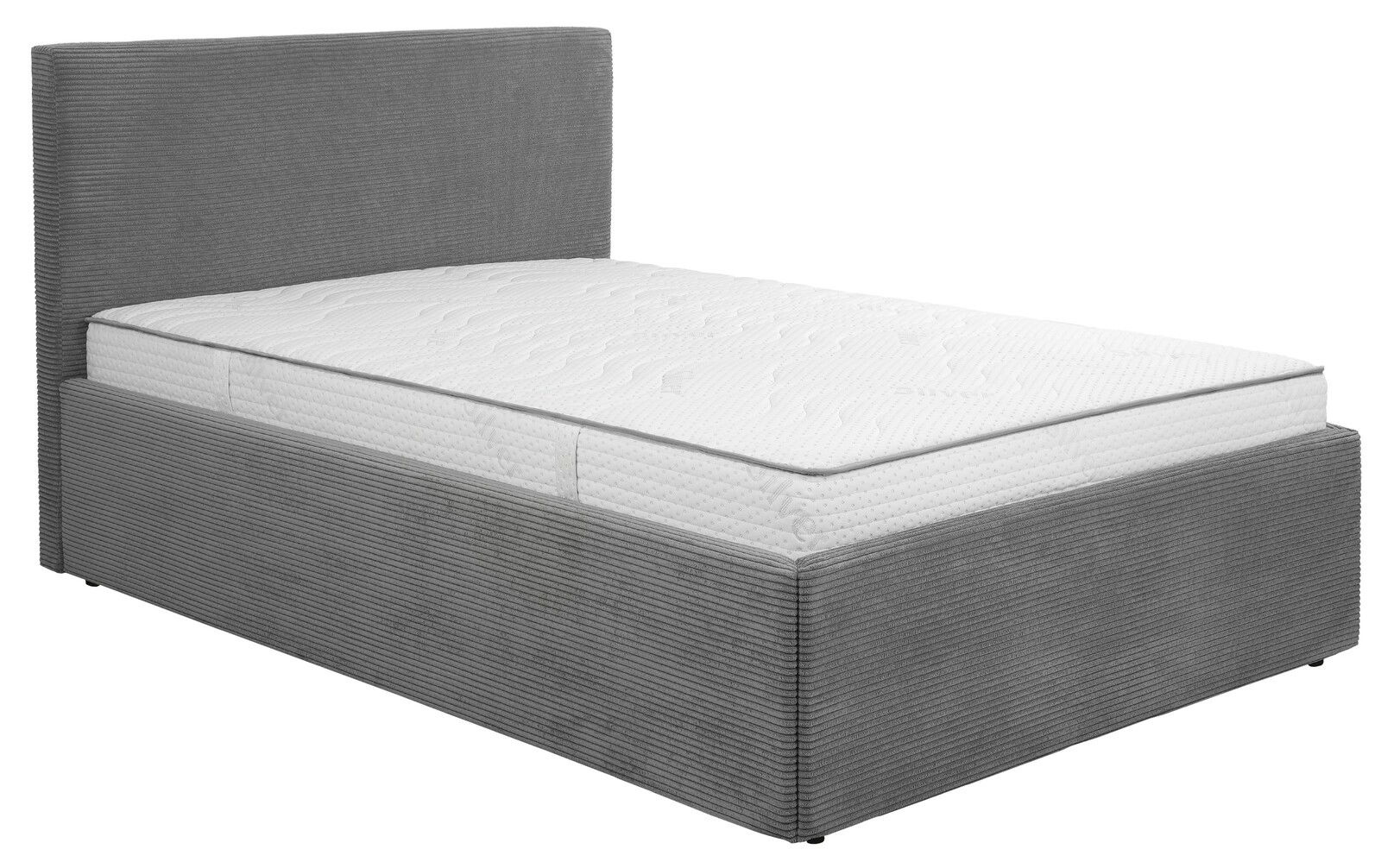 Graues Polsterbett 140x200 mit hohem Kopfteil, seitliche Perspektive