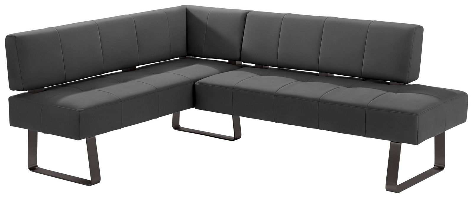 Moderne Eckbank in dunklem Grau mit Metallbeinen, seitliche Perspektive