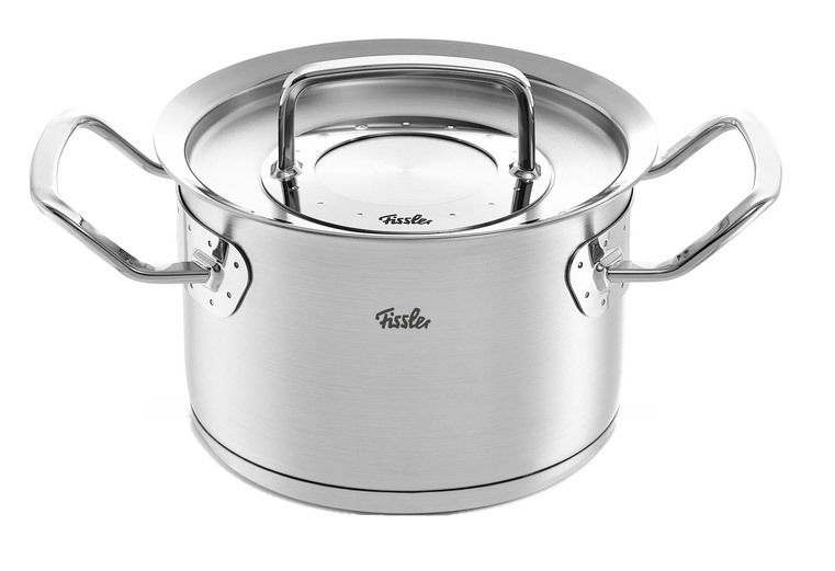 Edelstahl Kochtopf mit Metalldeckel und zwei Griffen, seitliche Perspektive