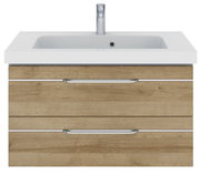 Frontale Ansicht eines modernen Waschtischs mit Holzoptik und integriertem Waschbecken.