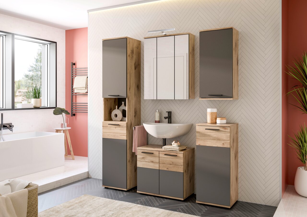 MID.YOU Spiegelschrank MASON Moderner Spiegelschrank in einem stilvollen Badezimmer, frontal betrachtet, mit Holz- und Grautönen.