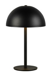 Schwarze Akku-Tischleuchte mit halbrundem Schirm, seitliche Perspektive