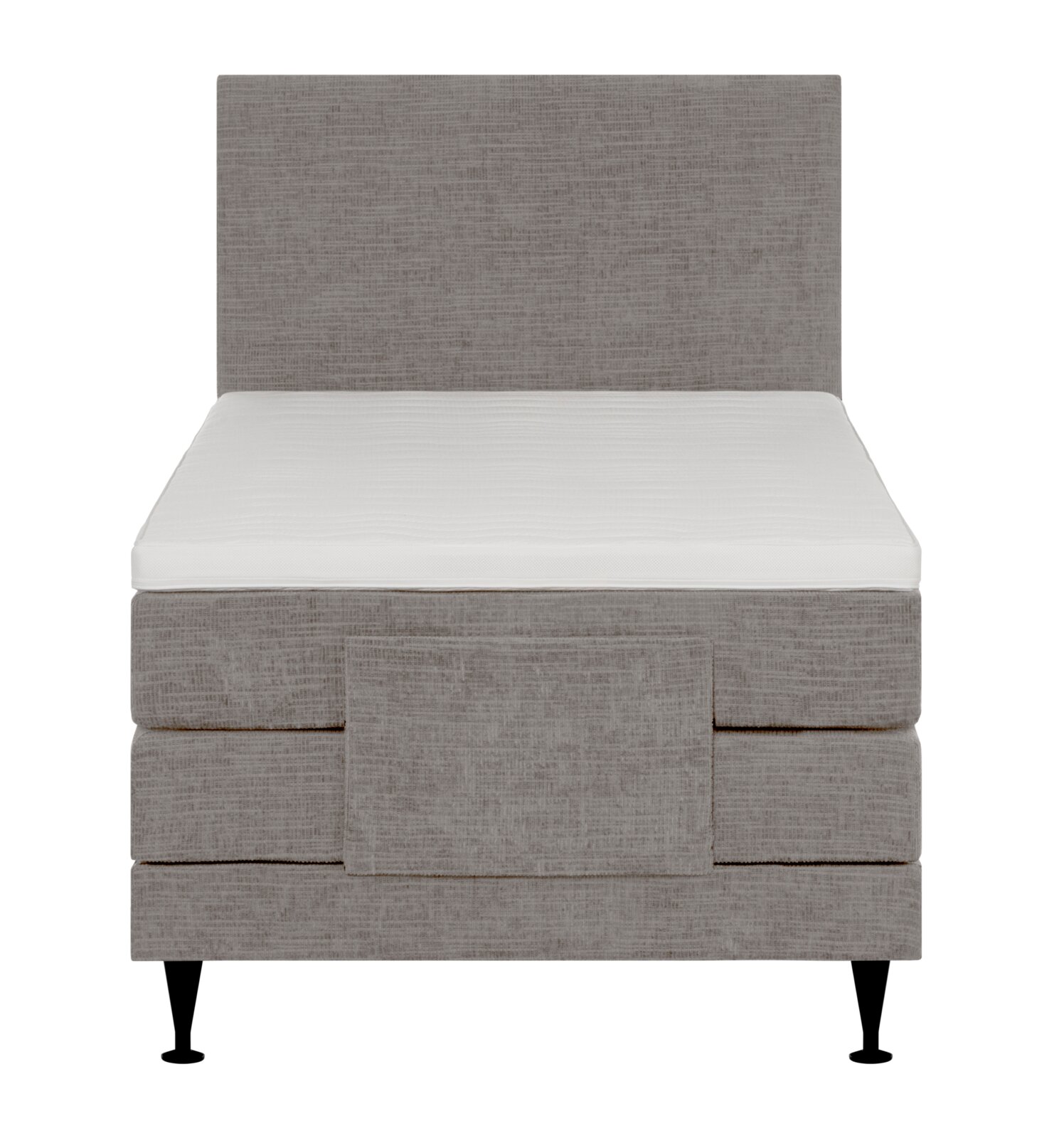 Frontaal aanzicht van een lichtgrijs gestoffeerd eenpersoons boxspringbed met hoog hoofdbord, wit matras en zwarte poten.