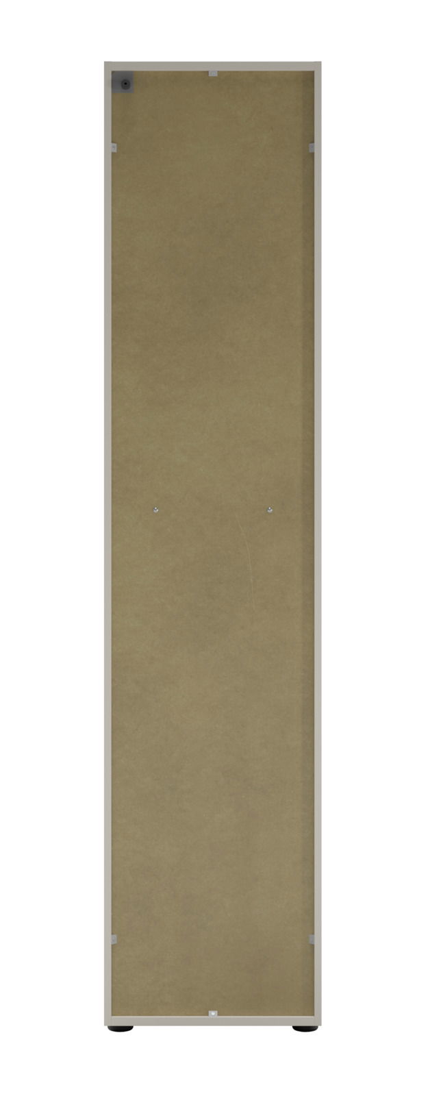 Rückansicht eines hohen Aktenschranks mit Schloss links, beige Farbe, aufrecht stehend.