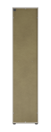 Rückansicht eines hohen Aktenschranks mit Schloss links, beige Farbe, aufrecht stehend.