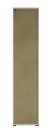 Rückansicht eines hohen Aktenschranks mit Schloss links, beige Farbe, aufrecht stehend.