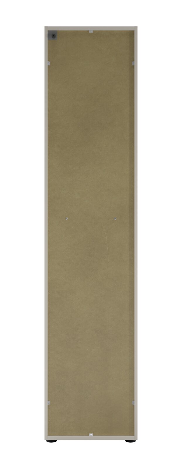 Rückansicht eines hohen Aktenschranks mit Schloss links, beige Farbe, aufrecht stehend.