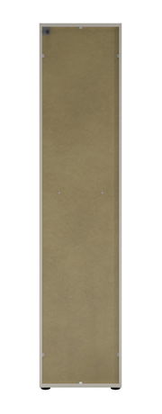 Rückansicht eines hohen Aktenschranks mit Schloss links, beige Farbe, aufrecht stehend.