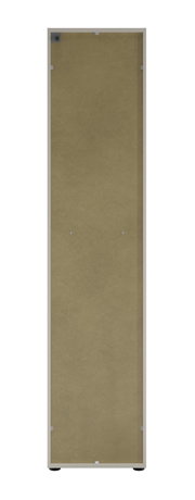 Rückansicht eines hohen Aktenschranks mit Schloss links, beige Farbe, aufrecht stehend.