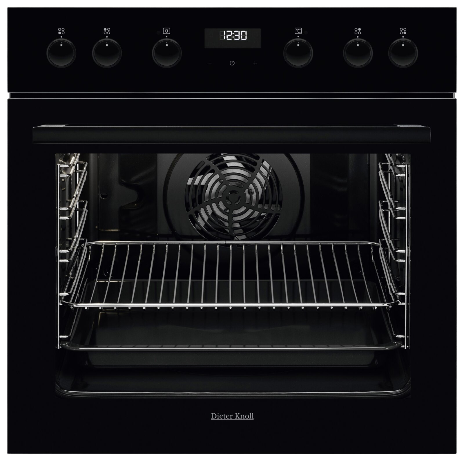 Dieter Knoll Einbauherd DKU35907BK Schwarzer Einbau-Backofen mit geöffneter Tür, sichtbarem Garraum mit Umluftventilator, Grillrost und Bedienknebeln oben, Frontansicht.