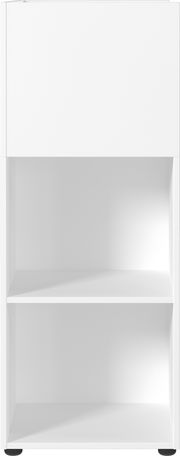 Weißer Raumteiler mit zwei offenen Regalfächern, Frontalansicht