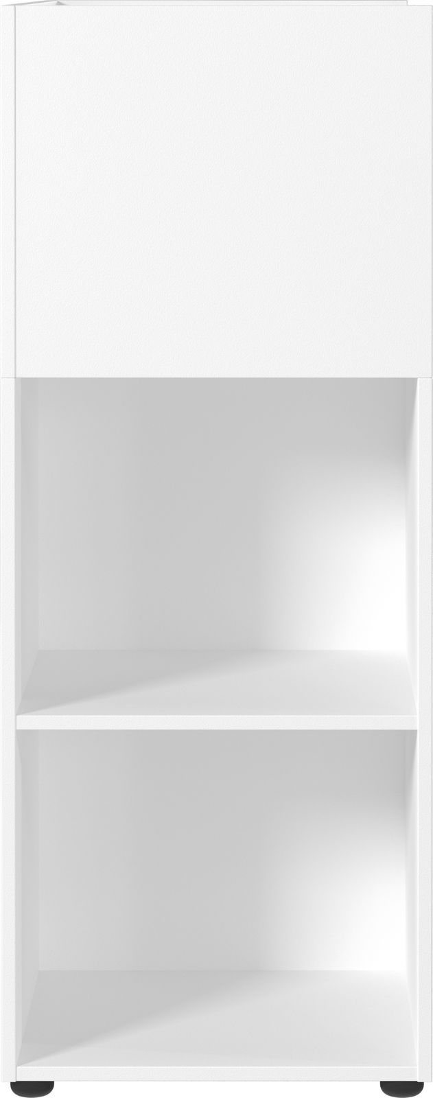 Weißer Raumteiler mit zwei offenen Regalfächern, Frontalansicht