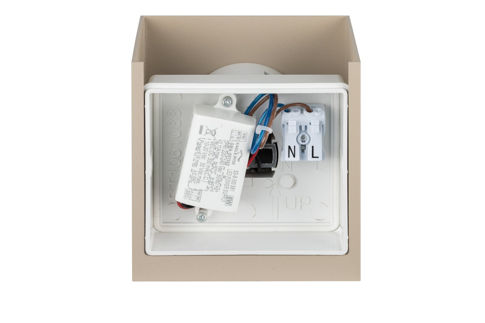 Rückansicht einer LED-Wandleuchte mit sichtbaren elektrischen Anschlüssen und Verkabelung.