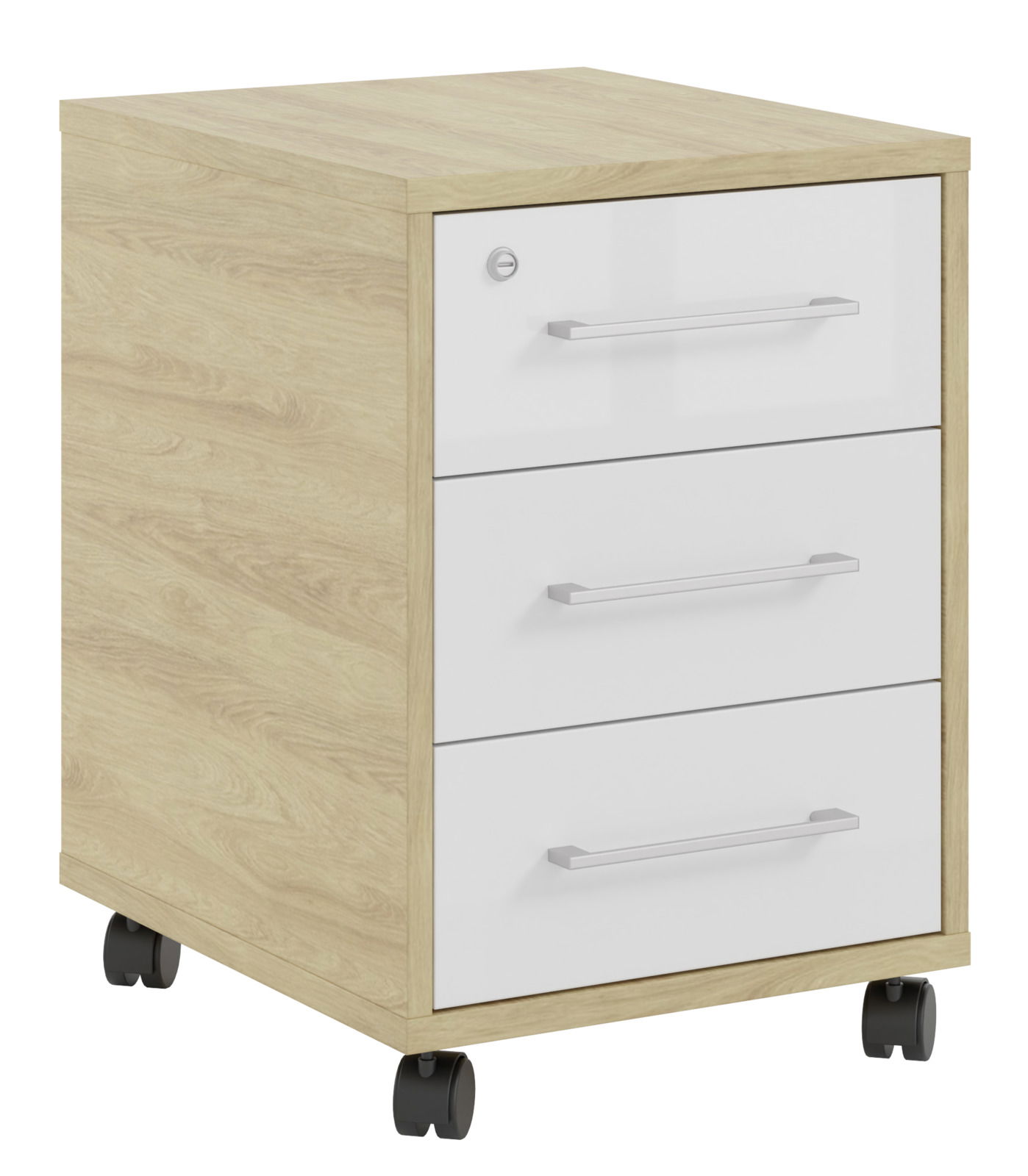 Manjana Rollcontainer OHIO Rollcontainer mit drei Schubladen, Holzoptik und weißen Fronten, auf Rollen, seitliche Perspektive