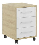 Rollcontainer mit drei Schubladen, Holzoptik und weißen Fronten, auf Rollen, seitliche Perspektive