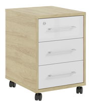 Rollcontainer mit drei Schubladen, Holzoptik und weißen Fronten, auf Rollen, seitliche Perspektive