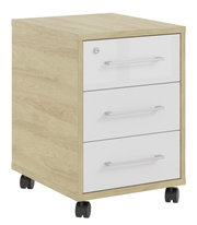 Rollcontainer mit drei Schubladen, Holzoptik und weißen Fronten, auf Rollen, seitliche Perspektive