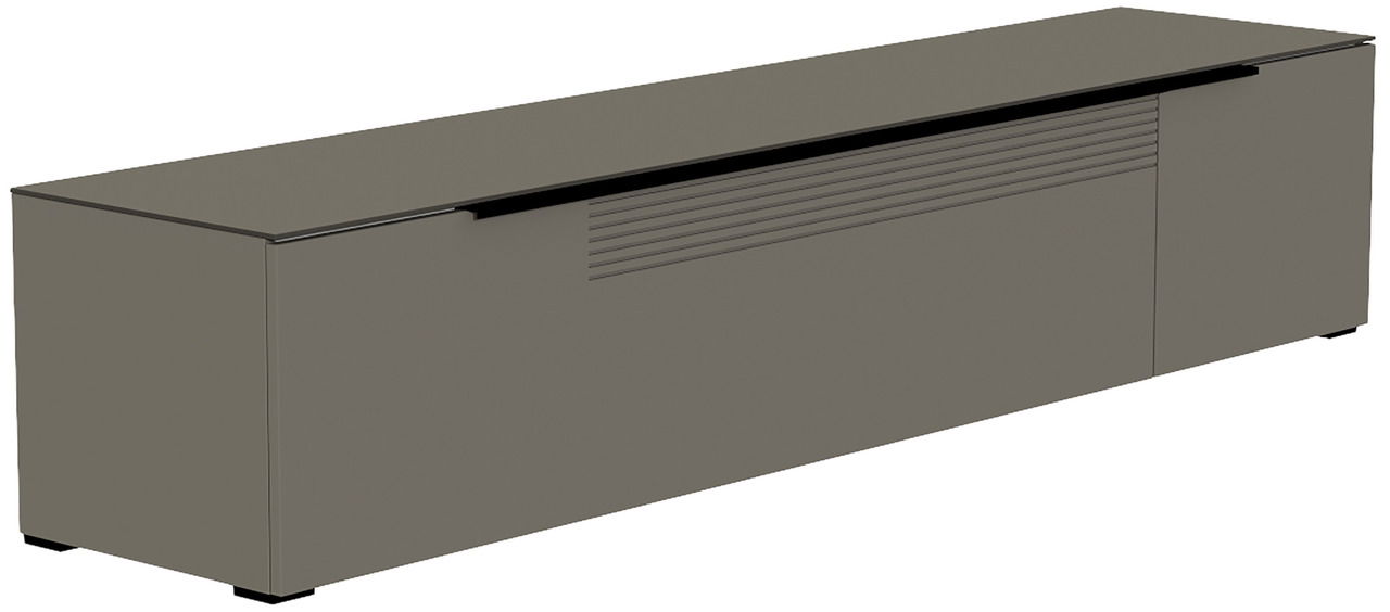 XL TV-Lowboard Moderano Serie BORMIO in seitlicher Perspektive, modernes Design in dunklem Farbton mit horizontalen Linien auf der Front.