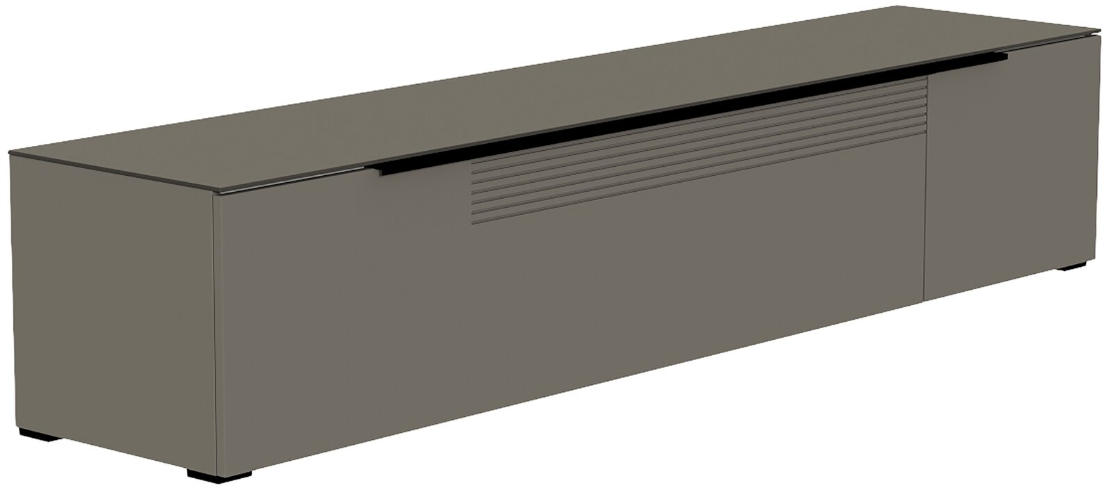 Moderano XL TV-Lowboard BORMIO XL TV-Lowboard Moderano Serie BORMIO in seitlicher Perspektive, modernes Design in dunklem Farbton mit horizontalen Linien auf der Front.