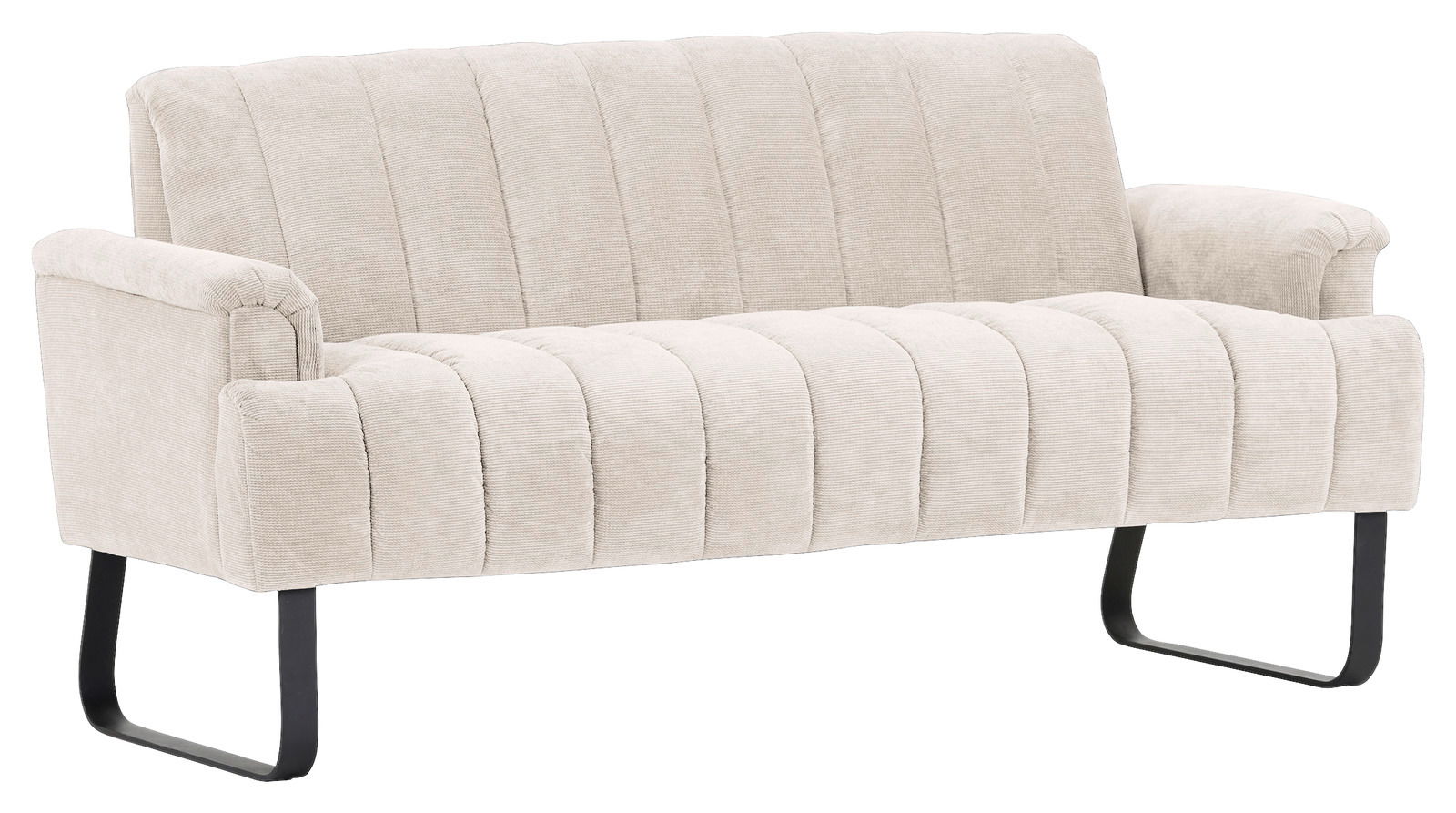 Novel 2er-Sitzbank LAILA Beige 2er-Sitzbank Novel LAILA mit gestepptem Stoffbezug und schwarzen Metallbeinen, seitliche Perspektive