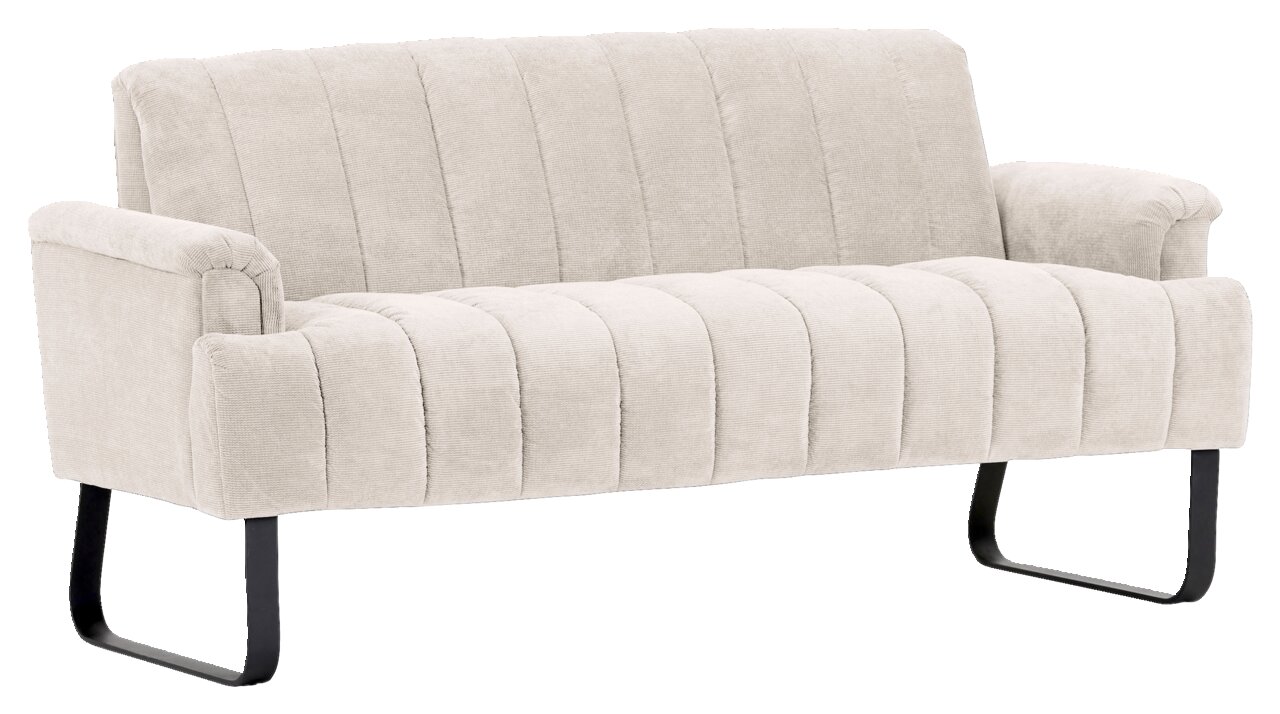 Beige 2er-Sitzbank Novel LAILA mit gestepptem Stoffbezug und schwarzen Metallbeinen, seitliche Perspektive