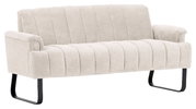 Beige 2er-Sitzbank Novel LAILA mit gestepptem Stoffbezug und schwarzen Metallbeinen, seitliche Perspektive