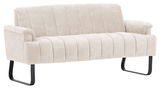 Beige 2er-Sitzbank Novel LAILA mit gestepptem Stoffbezug und schwarzen Metallbeinen, seitliche Perspektive