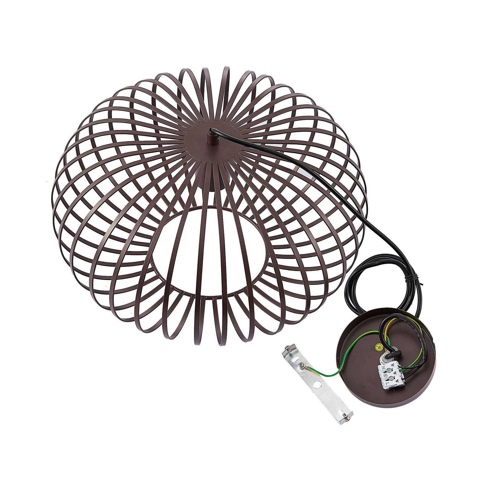 Drahtkäfig-Hängeleuchte in brauner Farbe, von oben betrachtet, mit sichtbarem Kabel und Montagezubehör.