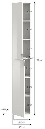 Schmaler, weißer Garderobenschrank mit mehreren Fächern, geöffnet von der Seite betrachtet.