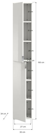 Schmaler, weißer Garderobenschrank mit mehreren Fächern, geöffnet von der Seite betrachtet.