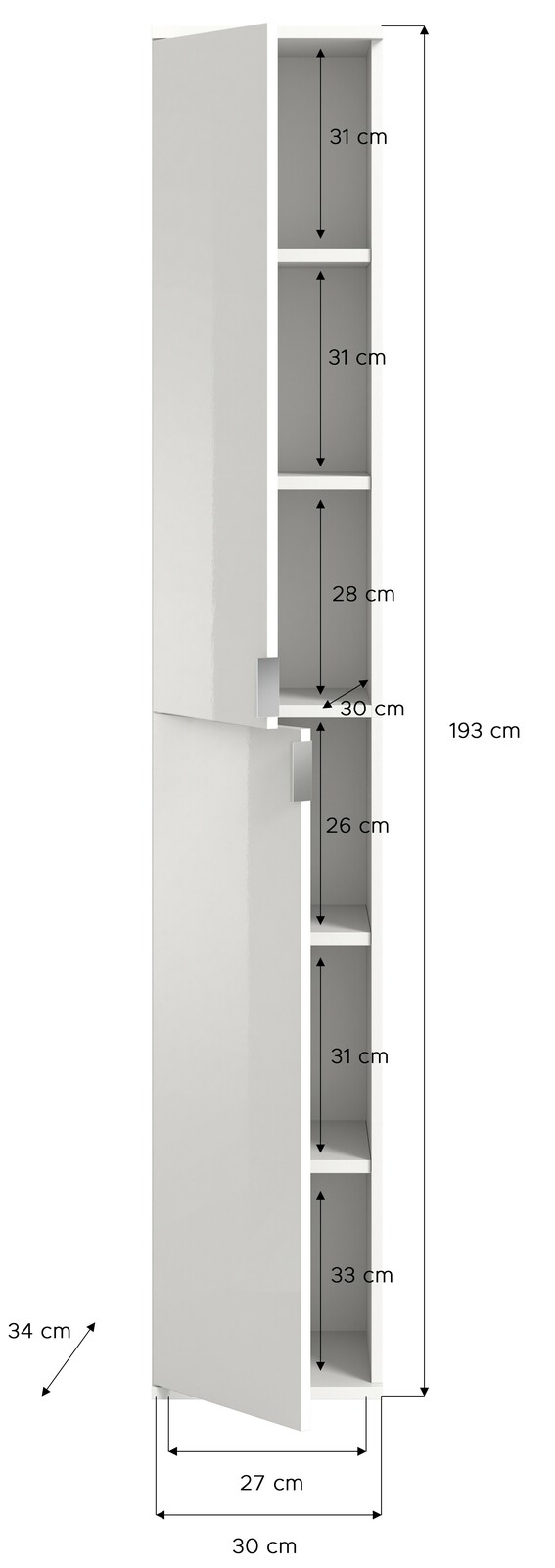 Schmaler, weißer Garderobenschrank mit mehreren Fächern, geöffnet von der Seite betrachtet.