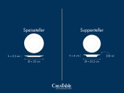 Grafische Maßangaben für CretaTable Porzellan: Speiseteller Ø 25 cm, Höhe 2,5 cm und Suppenteller Ø 22,5 cm, Höhe 4 cm, 350 ml, dargestellt in Draufsicht und Seitenansicht auf blauem Hintergrund