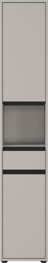 Hochschrank in grauer Farbe mit zwei Türen und einem offenen Fach, Frontalansicht
