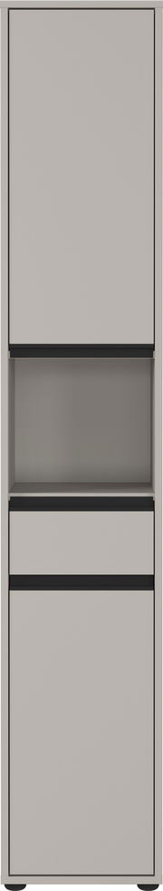 Hochschrank in grauer Farbe mit zwei Türen und einem offenen Fach, Frontalansicht
