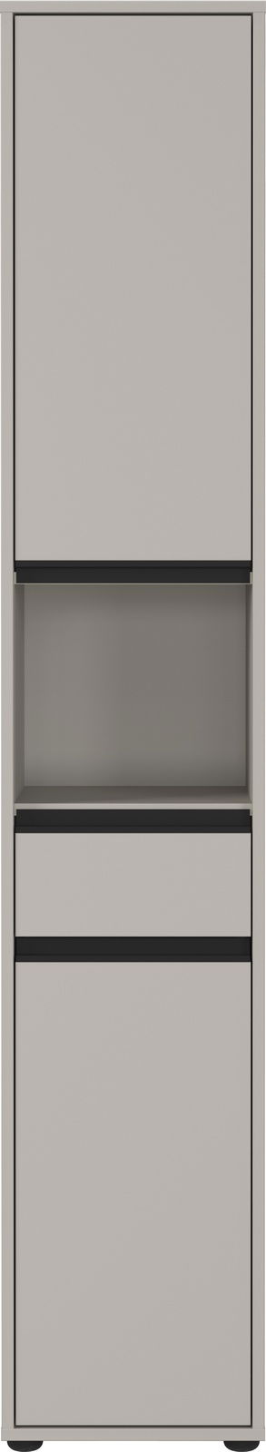 Hochschrank in grauer Farbe mit zwei Türen und einem offenen Fach, Frontalansicht