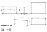 Technische Zeichnung eines höhenverstellbaren Schreibtisches mit den Maßen 160 cm Breite, 72-120 cm Höhe und 80 cm Tiefe. Perspektive von vorne und seitlich.