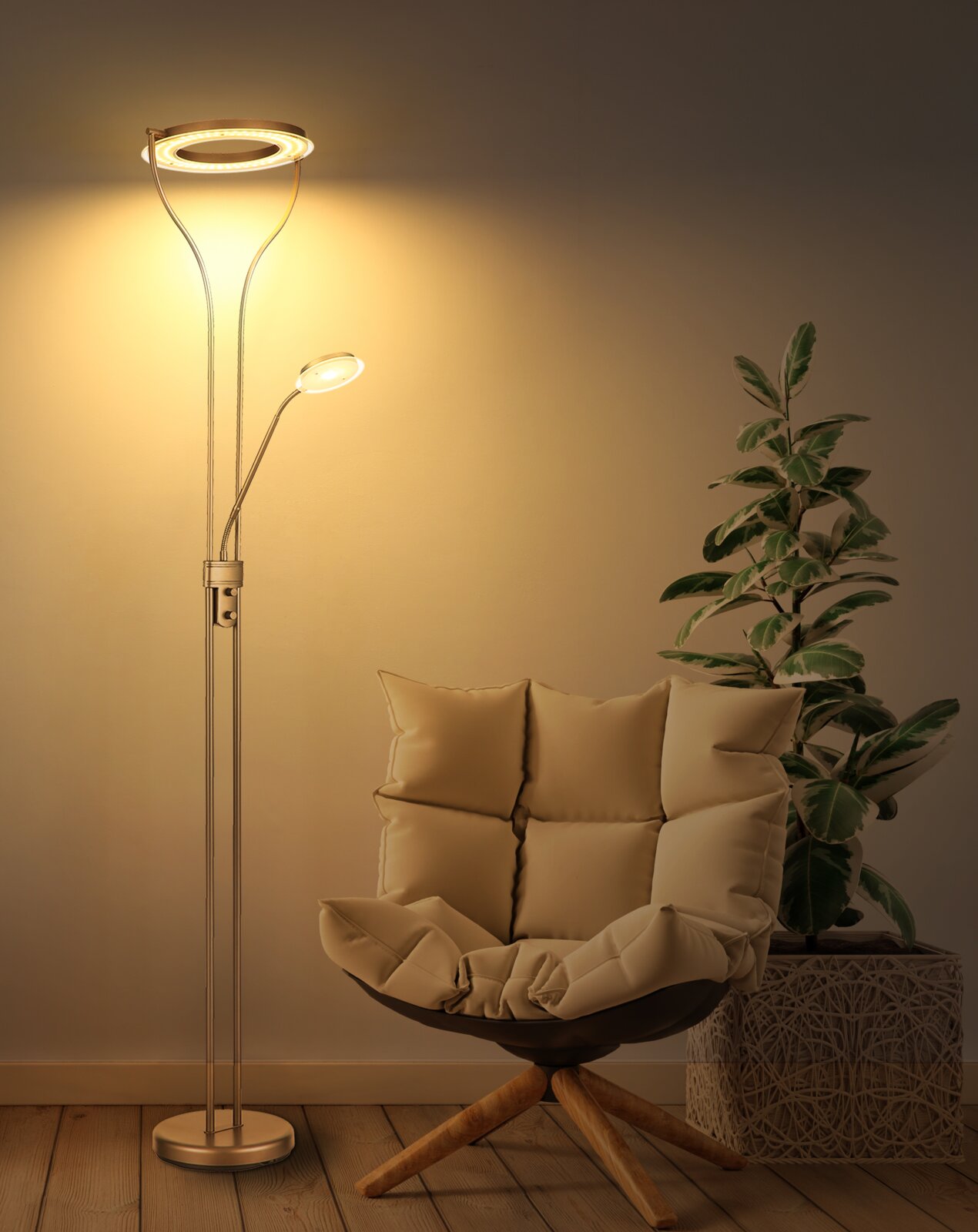 Globo Lighting LED-Stehleuchte EBRO Moderne LED-Deckenfluter-Stehlampe in Metalloptik mit ringförmigem Hauptlicht und flexiblem Lesearm, warmes Licht im Wohnzimmer neben gepolstertem Sessel und Zimmerpflanze, Frontansicht leicht von links