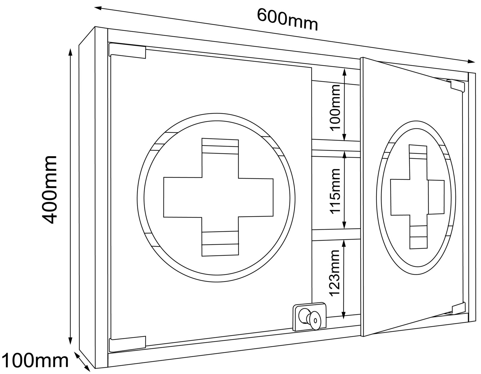 Technische Zeichnung eines Erste-Hilfe-Medikamentenschranks mit Kreuzsymbol, Maße ca. 600 x 400 x 100 mm, dargestellt in schräger Frontansicht mit geöffneter Tür und Maßpfeilen