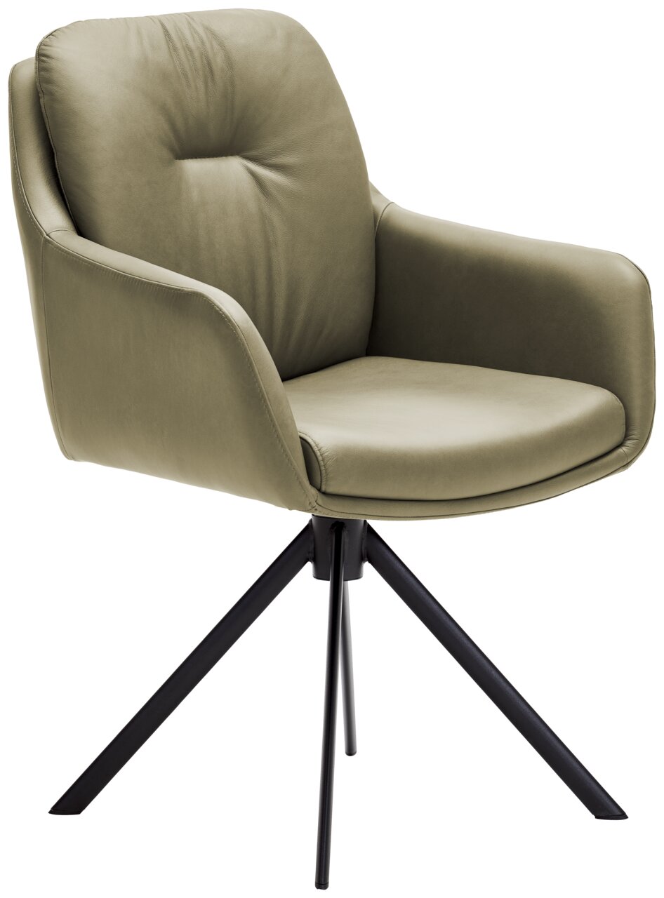 Waldwelt Fauteuil ARUBA Moderner Armlehnstuhl in Olivgrün mit schwarzem Metallgestell, seitliche Perspektive