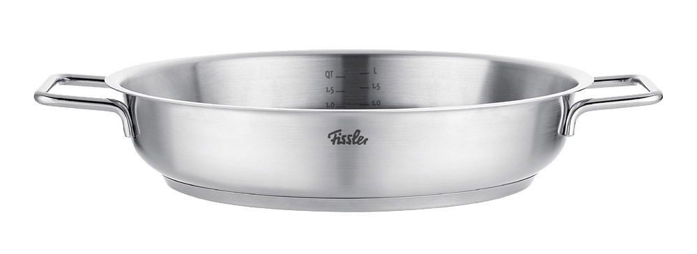 Edelstahl-Servierpfanne mit zwei Griffen, seitliche Ansicht