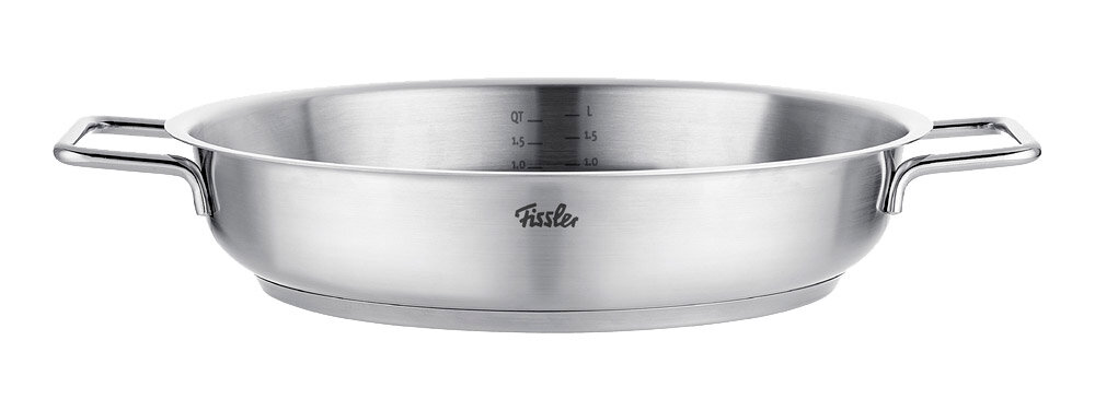 Edelstahl-Servierpfanne mit zwei Griffen, seitliche Ansicht