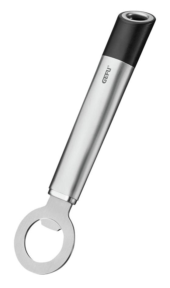 Flaschenöffner PRIMELINE aus Edelstahl mit schwarzem Griff, seitliche Perspektive