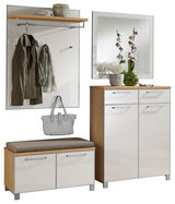Garderoben-Set 5-tlg. in moderner Holz- und Weißoptik, bestehend aus Wandpaneel mit Haken und Ablage, Sitzbank mit Stauraum, und Schrank mit Spiegel, frontal abgebildet.