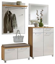 Garderoben-Set 5-tlg. in moderner Holz- und Weißoptik, bestehend aus Wandpaneel mit Haken und Ablage, Sitzbank mit Stauraum, und Schrank mit Spiegel, frontal abgebildet.