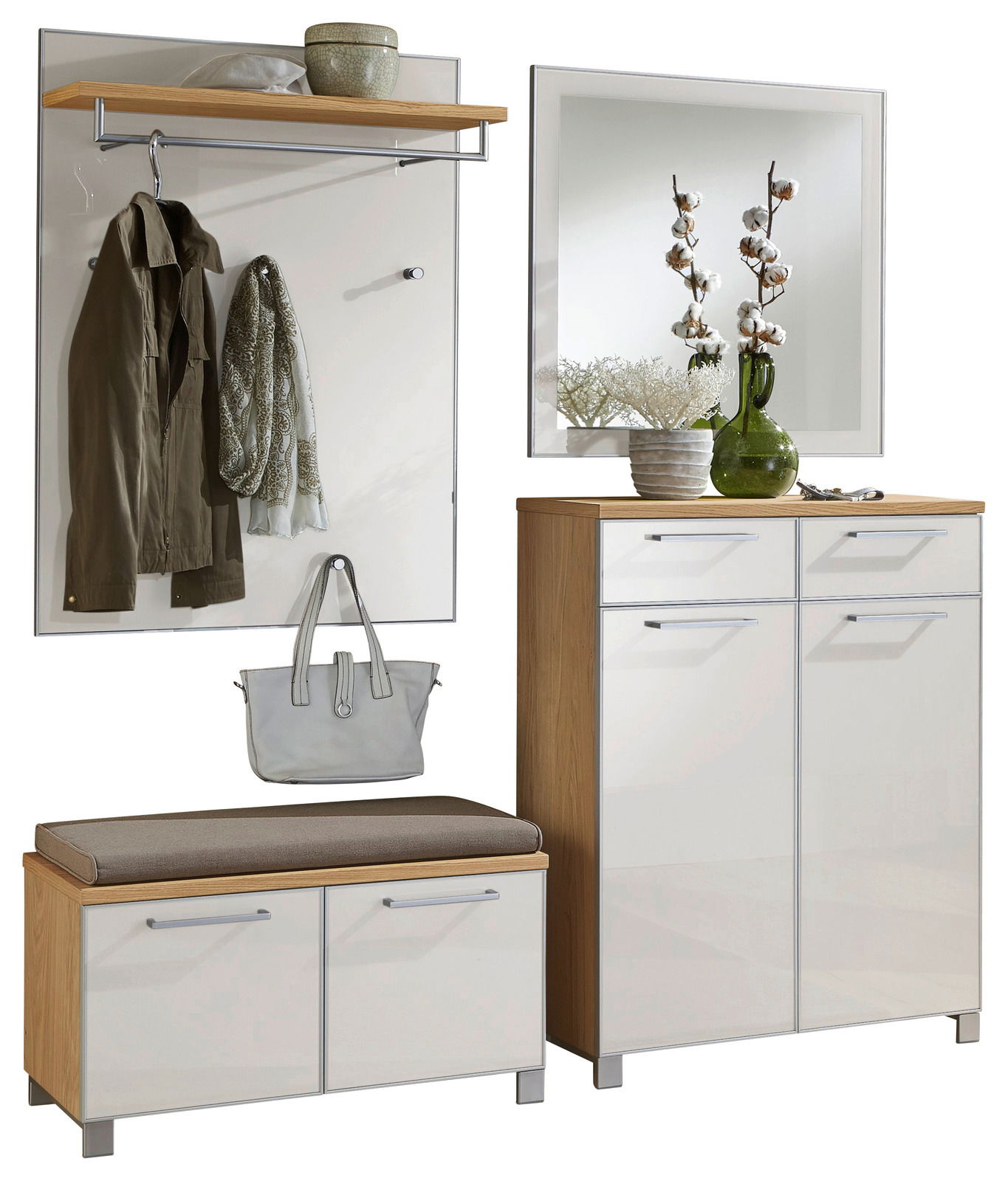 VOSS Garderoben-Set 5-tlg. SANTINA Garderoben-Set 5-tlg. in moderner Holz- und Weißoptik, bestehend aus Wandpaneel mit Haken und Ablage, Sitzbank mit Stauraum, und Schrank mit Spiegel, frontal abgebildet.