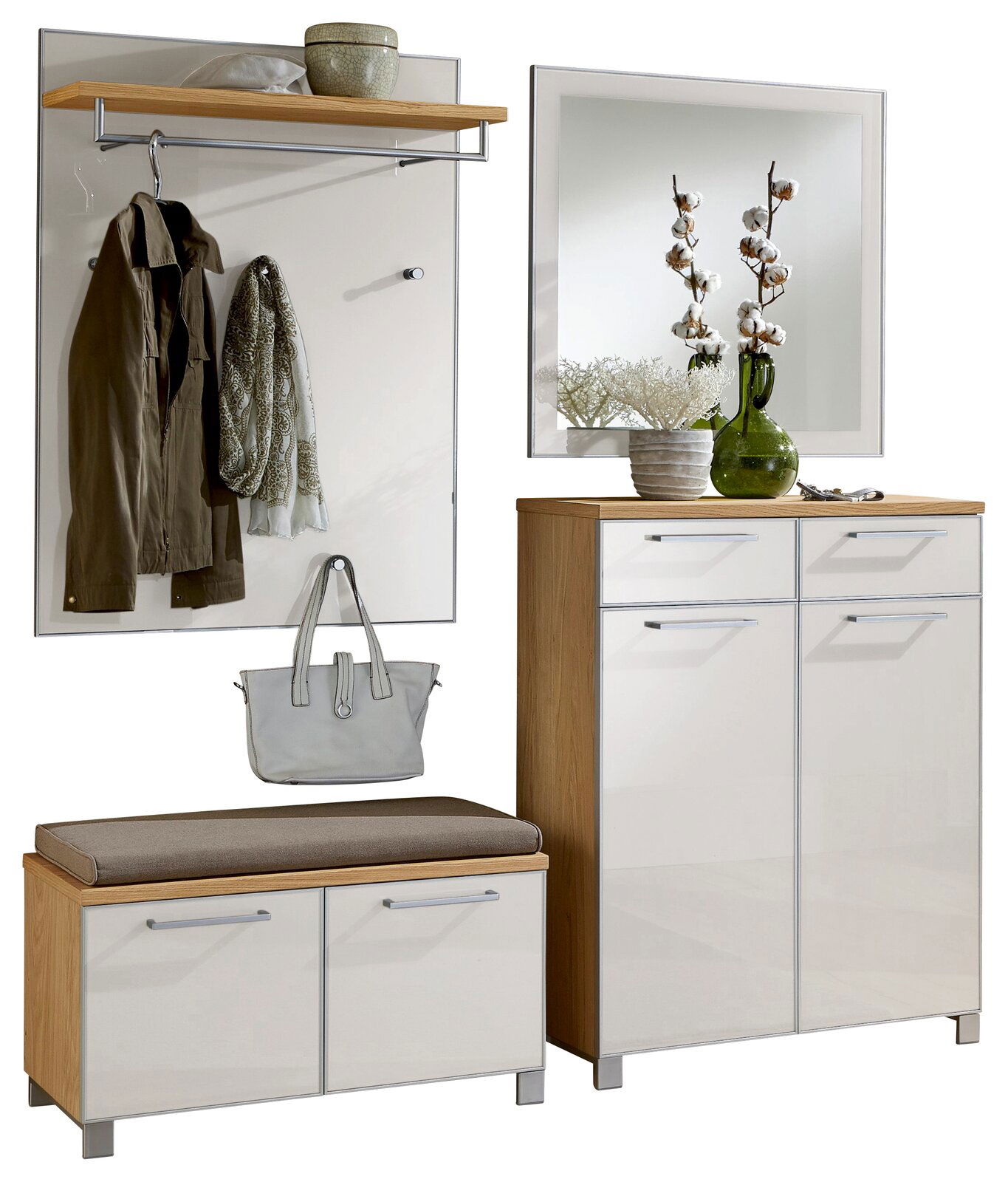 VOSS Garderoben-Set 5-tlg. SANTINA Garderoben-Set 5-tlg. in moderner Holz- und Weißoptik, bestehend aus Wandpaneel mit Haken und Ablage, Sitzbank mit Stauraum, und Schrank mit Spiegel, frontal abgebildet.