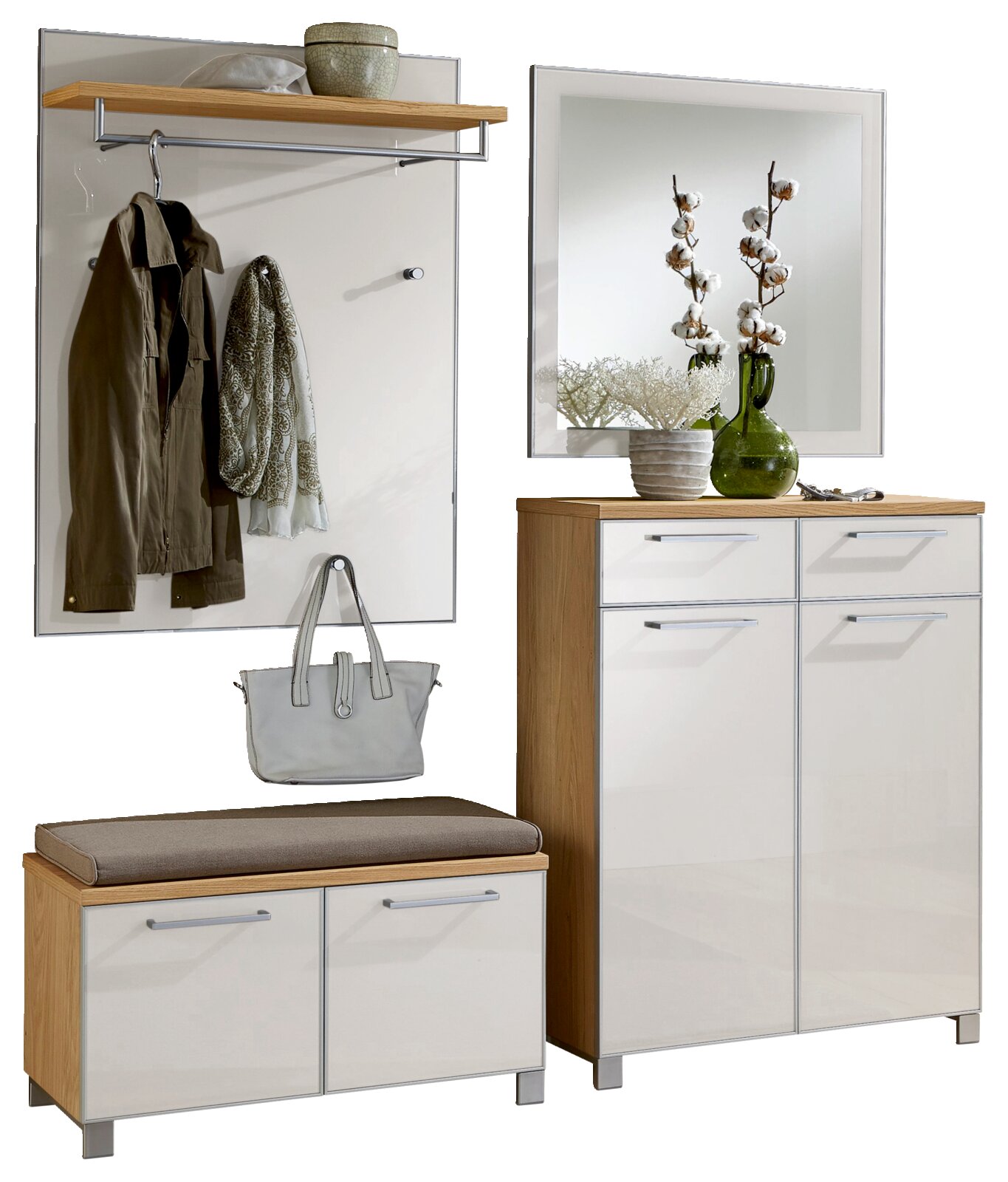 VOSS Garderobeset, 5-delig SANTINA Garderobeset van 5-delig in een moderne hout- en witte look, bestaande uit een wandpaneel met haken en een plank, een bankje met opbergruimte en een kast met spiegel, hier afgebeeld in vooraanzicht.