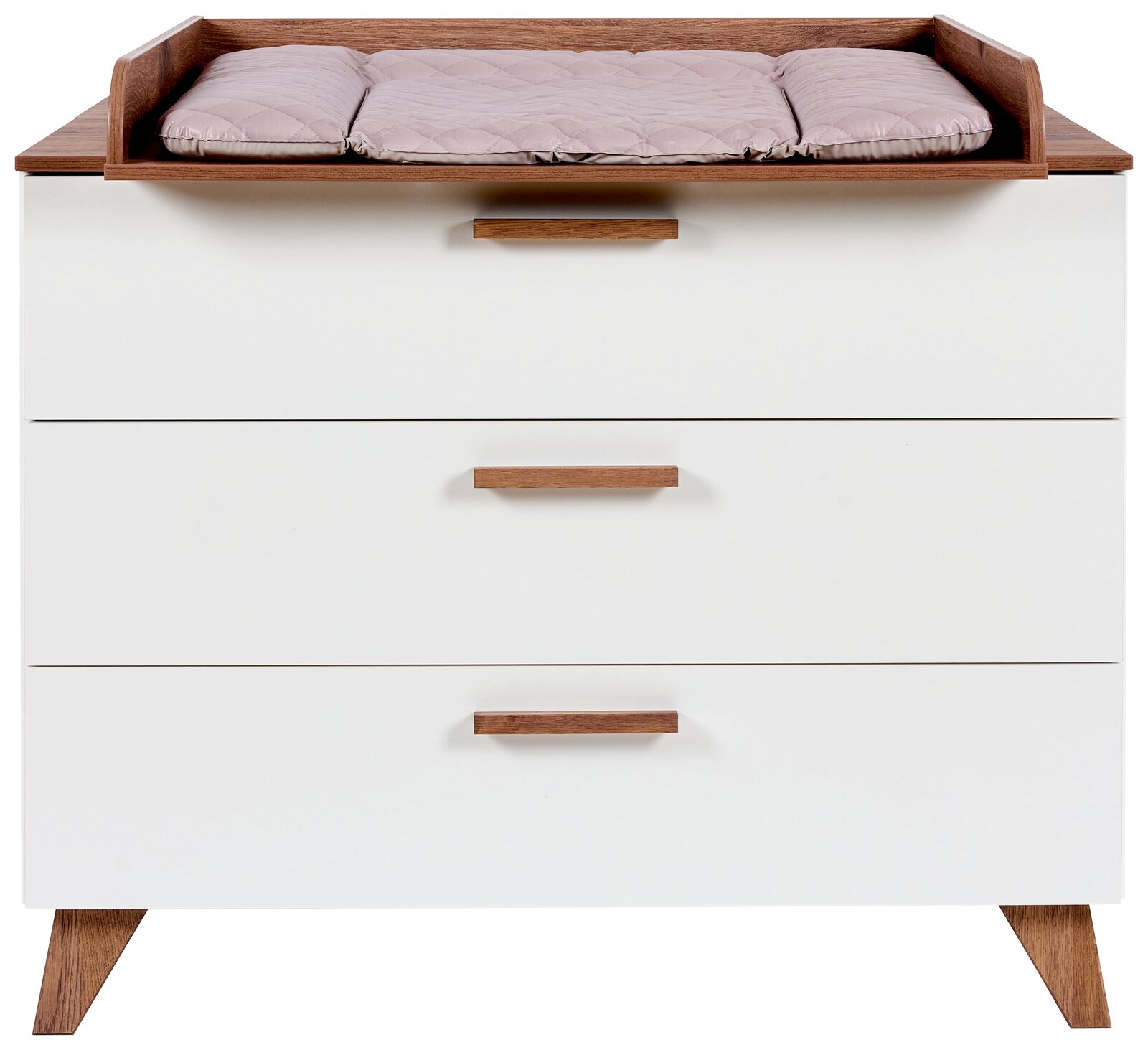 Wickelkommode mit drei Schubladen, weiß mit Holzgriffen und Wickelauflage, Frontalansicht